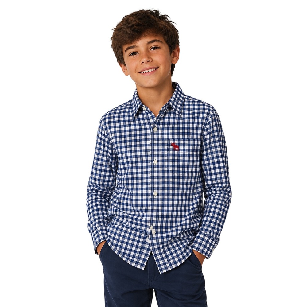 Abercrombie‎ Kids Boys Navy Blue Gingham Muscle Fit Button Down Shirt Size L